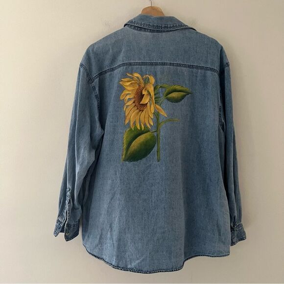 Vintage Denim Shirt Sunflower Handpainted Size Large Boho Artsy Unique Kansas - Picture 1 of 9